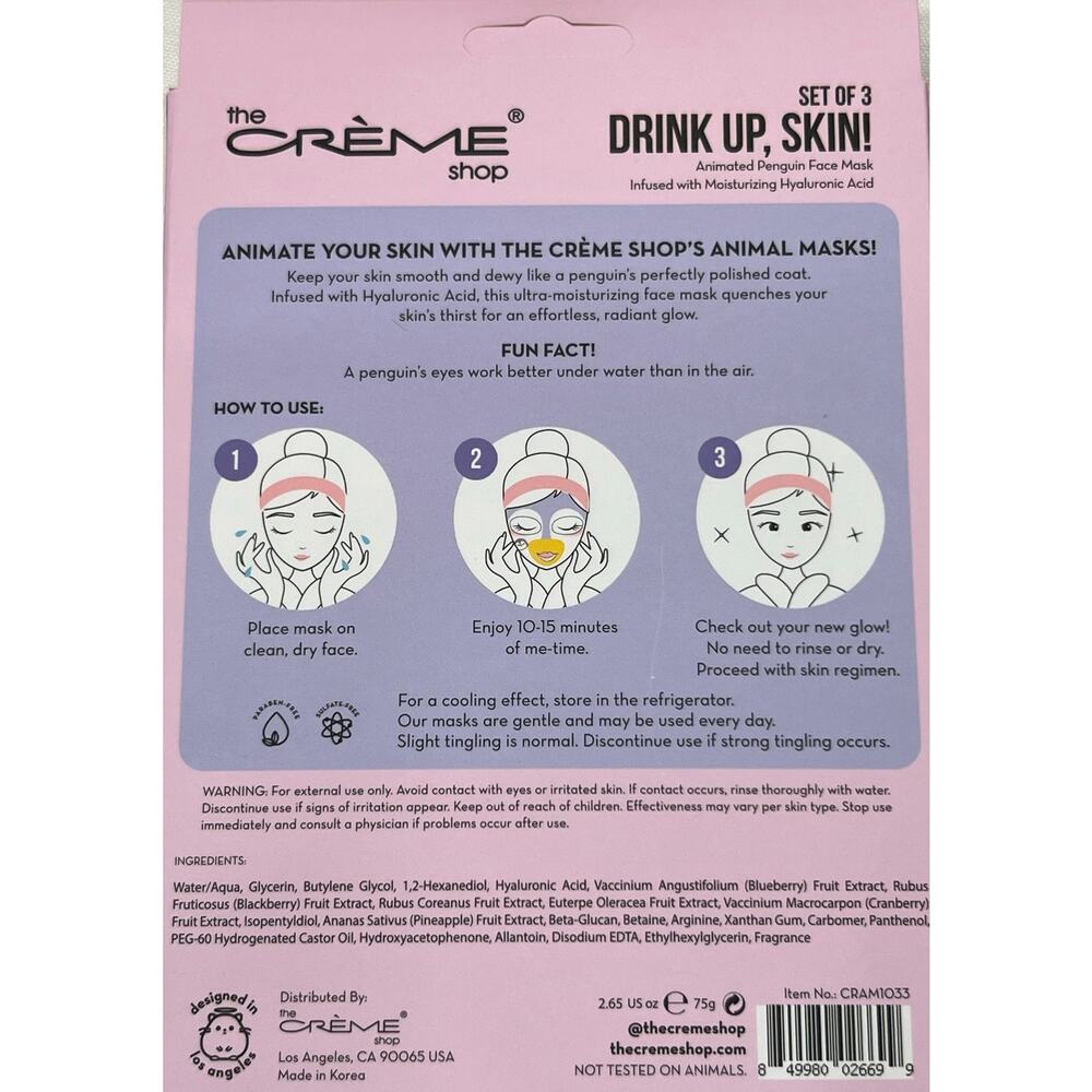 The Crème Shop Drink Up Skin Penguin Sheet Masks Set of 3 Hyaluronic Acid - Picture 3 of 3
